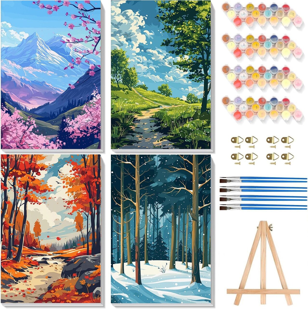 4 Pack Framed Paint by Numbers Kit for Adults Beginners – Four Seasons Landscape Acrylic Painting Set on Framed Canvas, DIY Number Painting for Home Décor & Gift (8x12 Inch)